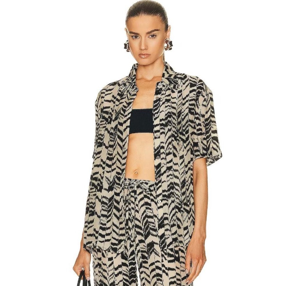 Enza Costa Cupro Short Sleeve Button Down Shirt Zebra Chevron Print Size 2